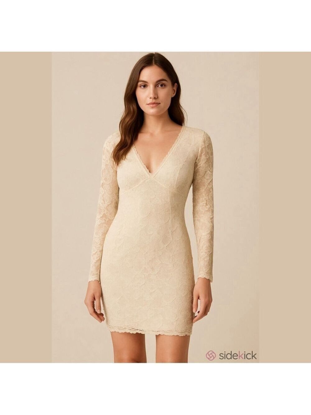 Women's Pinkblush Beige Lace Long Sleeve Mini Dress M